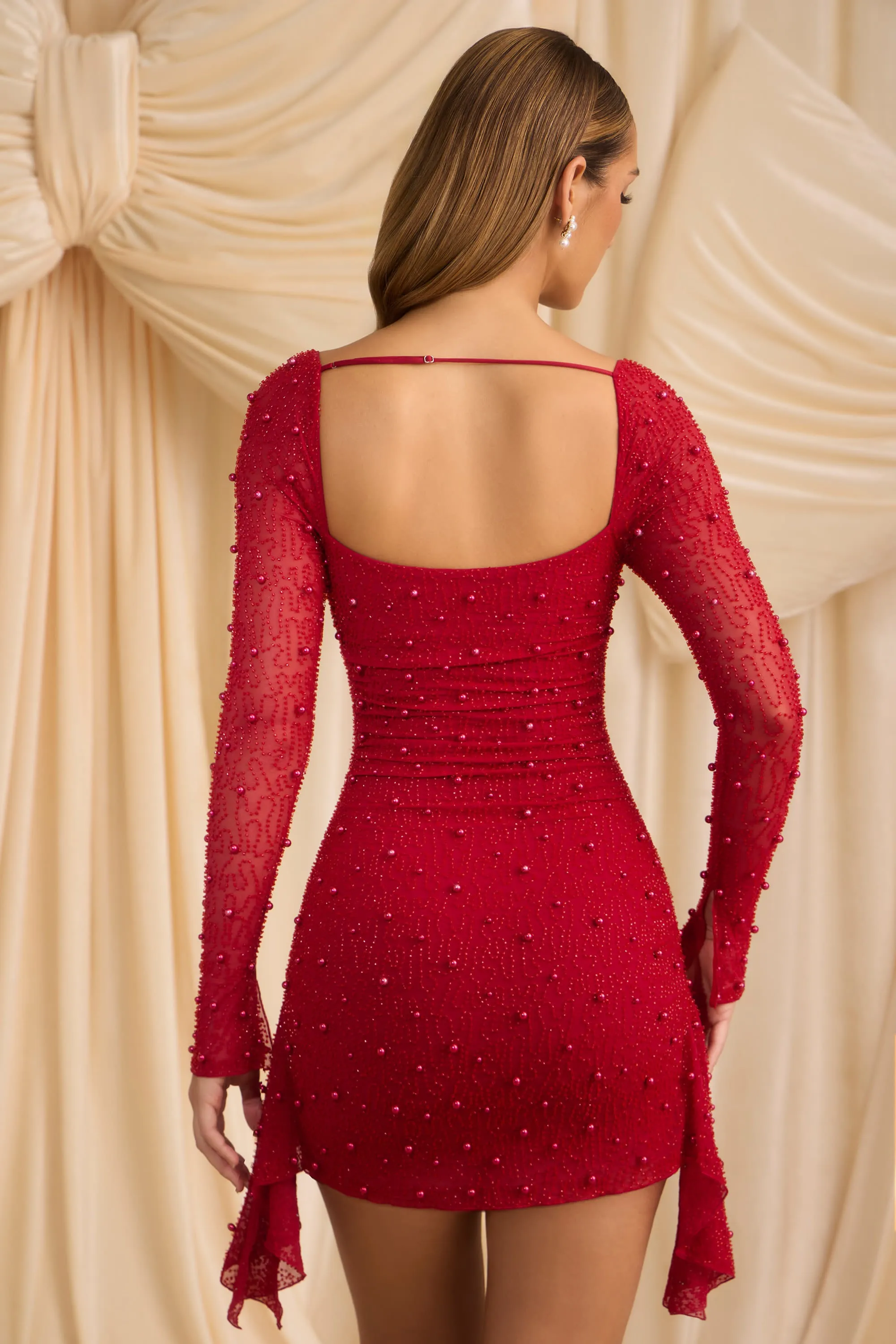 Embellished Cowl-Neck Draped Mini Dress in True Red City Scene