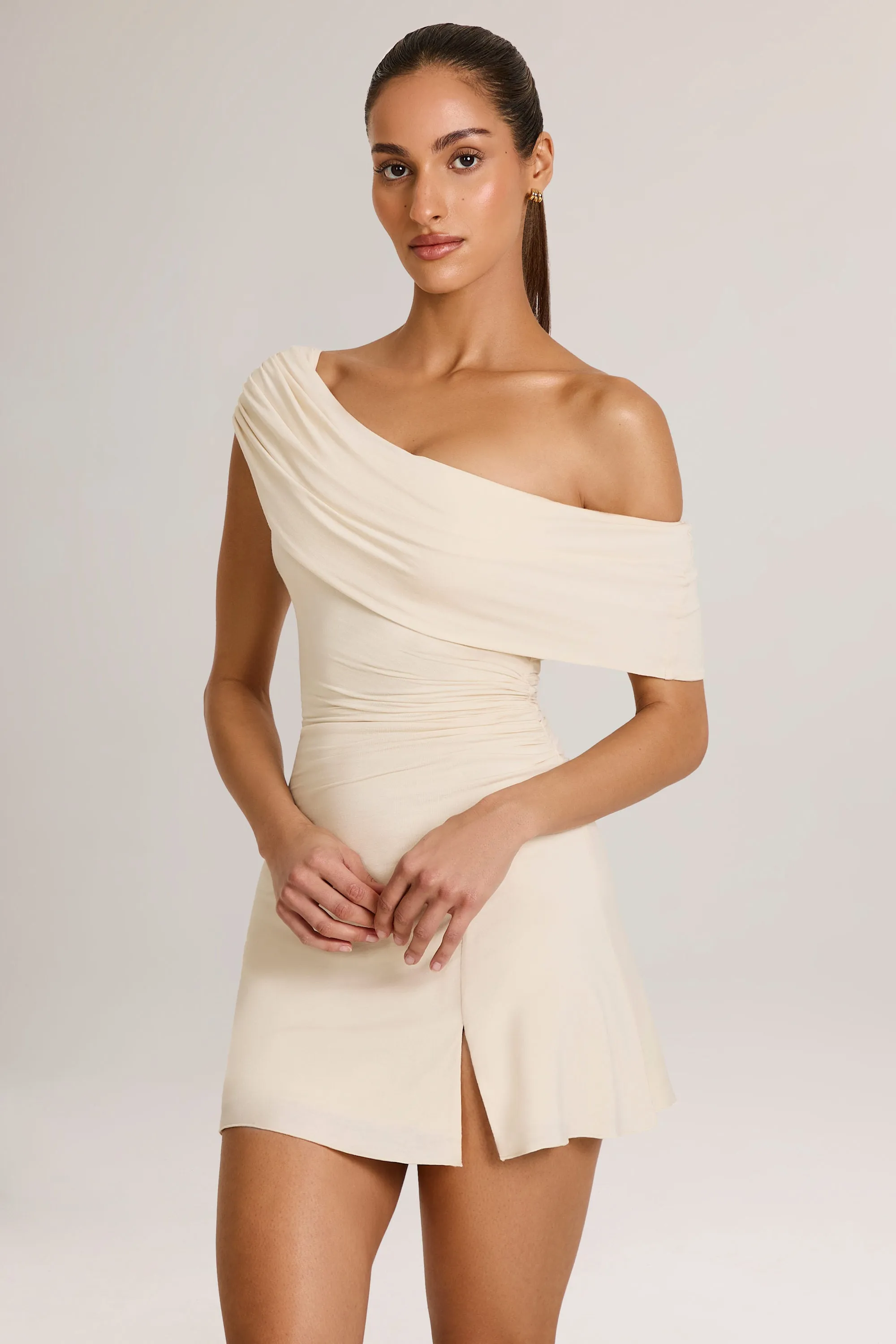 Bold Twist Versatile mini for casual wear Modal Asymmetric A-Line Mini Dress in Ivory