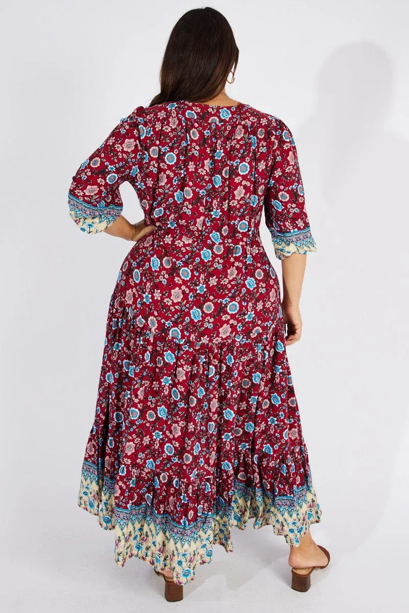 Blue Sky Wave Dance Multi Boho Maxidress Puff 3/4 Sleeve Drawstring Waist