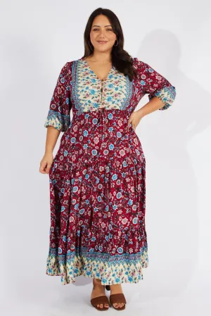 Soft fabric maxi gown Multi Boho Maxidress Puff 3/4 Sleeve Drawstring Waist