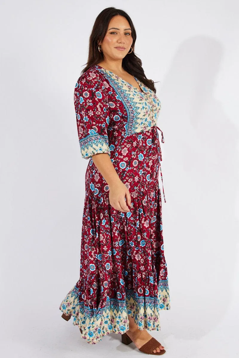 Multi Boho Maxidress Puff 3/4 Sleeve Drawstring Waist Wall Glow