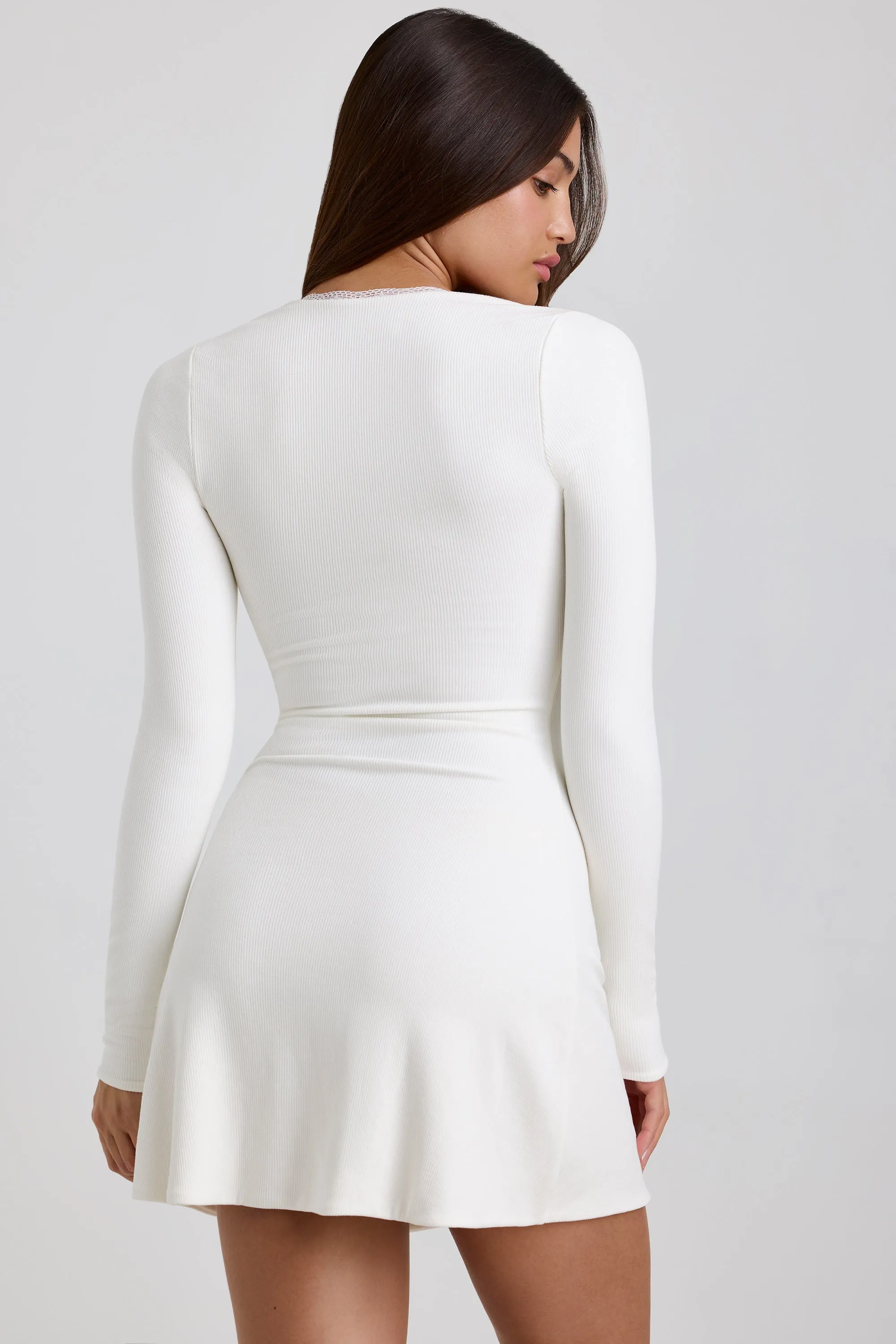 Ribbed Modal Lace-Trim Mini Dress in White Edge Fresh