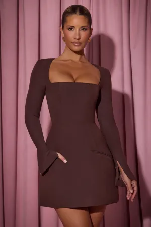 Seamless construction Square-Neck Structured Tulip Mini Dress in Chocolate Brown