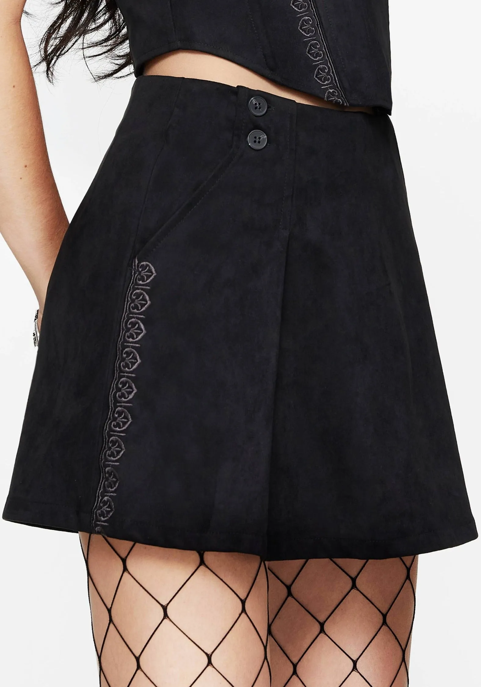 Lauma Embroidered Faux Suede Skort Suede Feel Design innovation