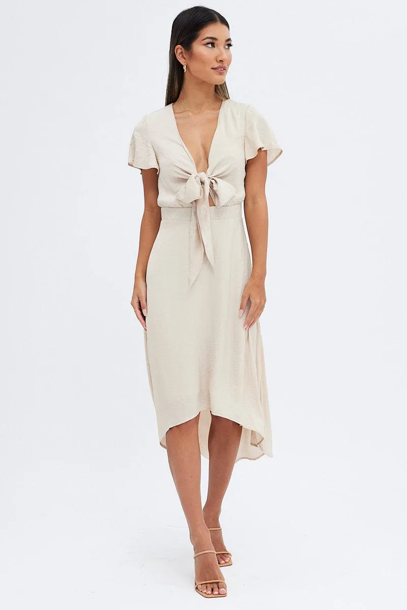 Beige Midi Dress Short Sleeve Tie Back Satin Comfortable Layers Lace Fine