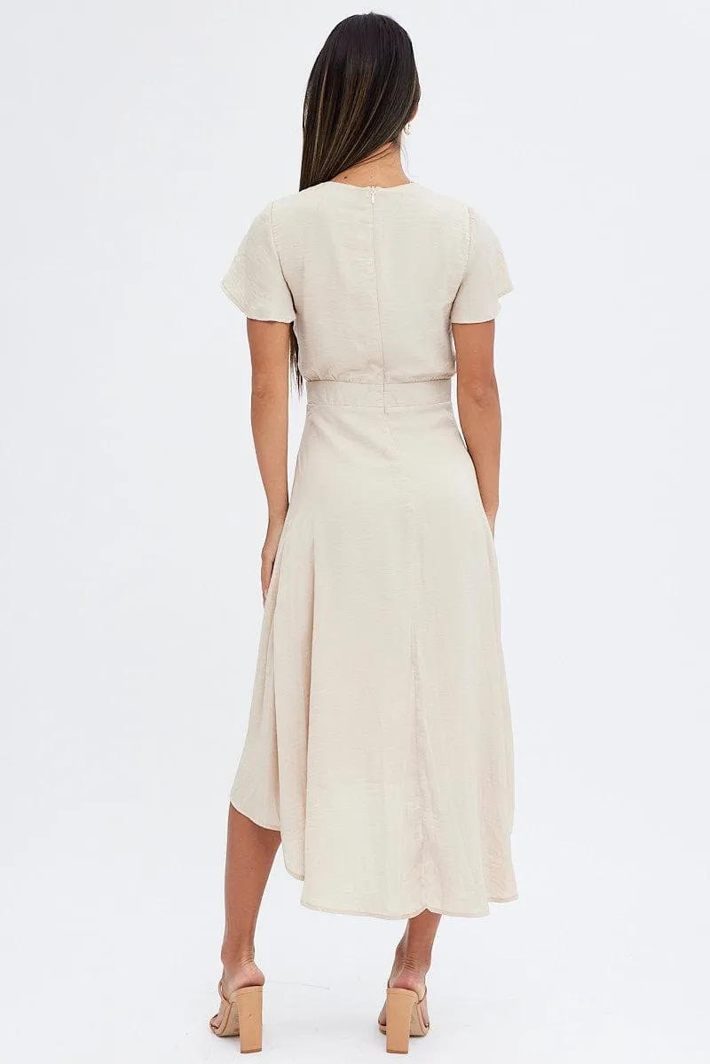 Beige Midi Dress Short Sleeve Tie Back Satin Bright Ray Body Confident