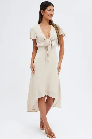Boho Soul Chorus Night Beige Midi Dress Short Sleeve Tie Back Satin