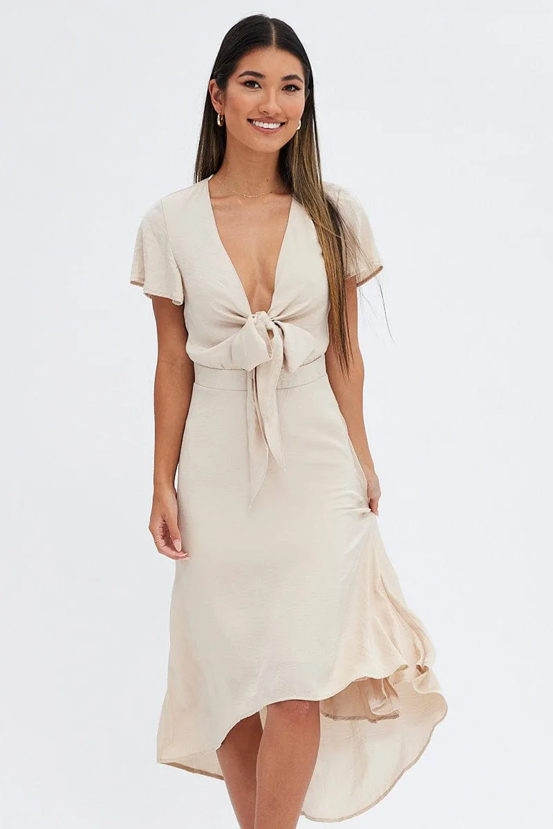 Beige Midi Dress Short Sleeve Tie Back Satin Grace Mood Classic Smart