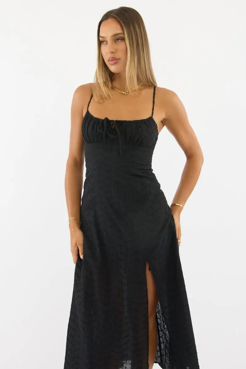 Black Midi Dress Gathered Bust Eyelet Fabric Music Hall