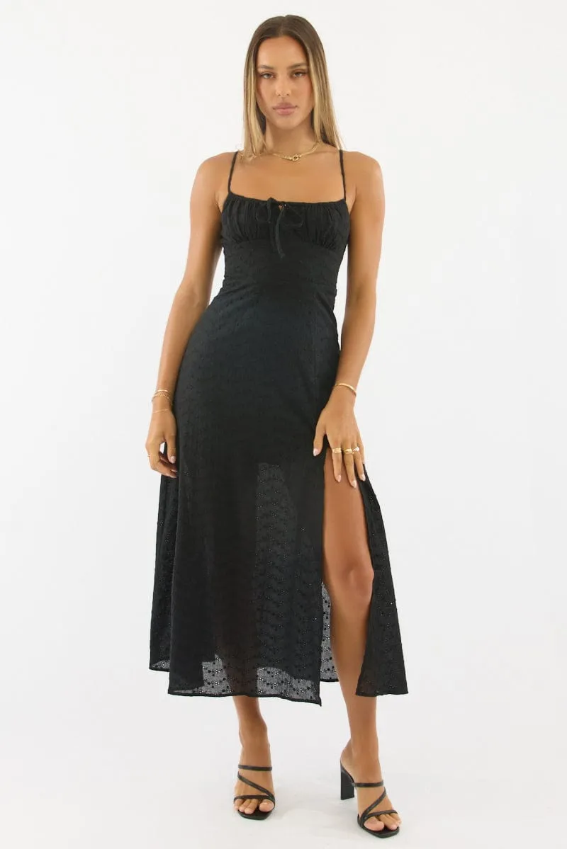 All-season midi casual outing Black Midi Dress Gathered Bust Eyelet Fabric