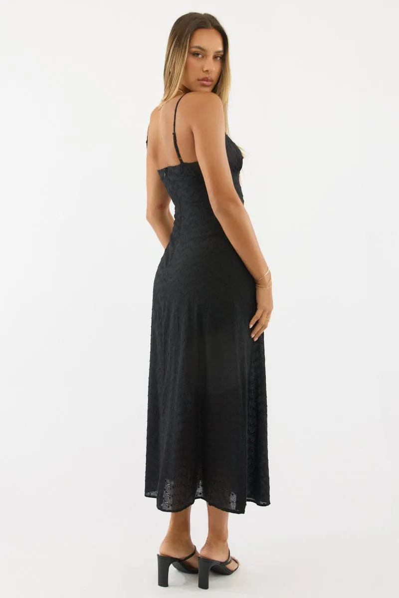 Chic For Work Elegant fit for formal occasions Black Midi Dress Gathered Bust Eyelet Fabric