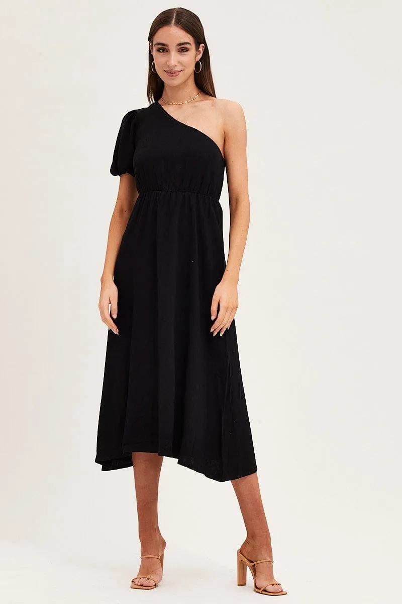 Black One Shoulder Midi Dress Cozy Elegance Grass Smell