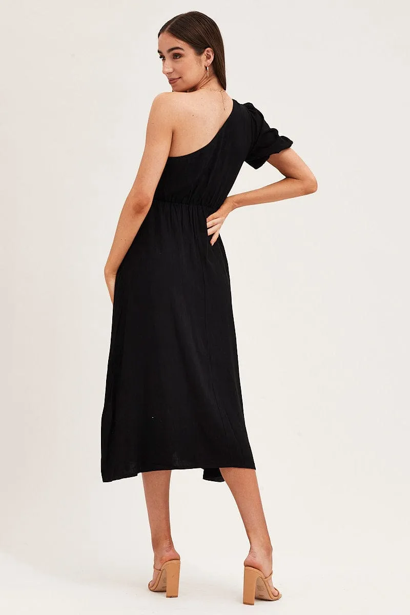 Comfortable daytime dress Black One Shoulder Midi Dress