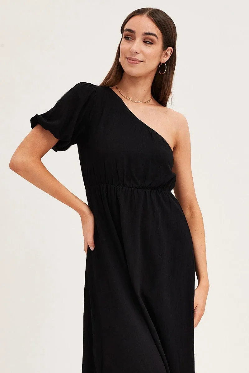 Black One Shoulder Midi Dress Metal Shine A-line midi dress