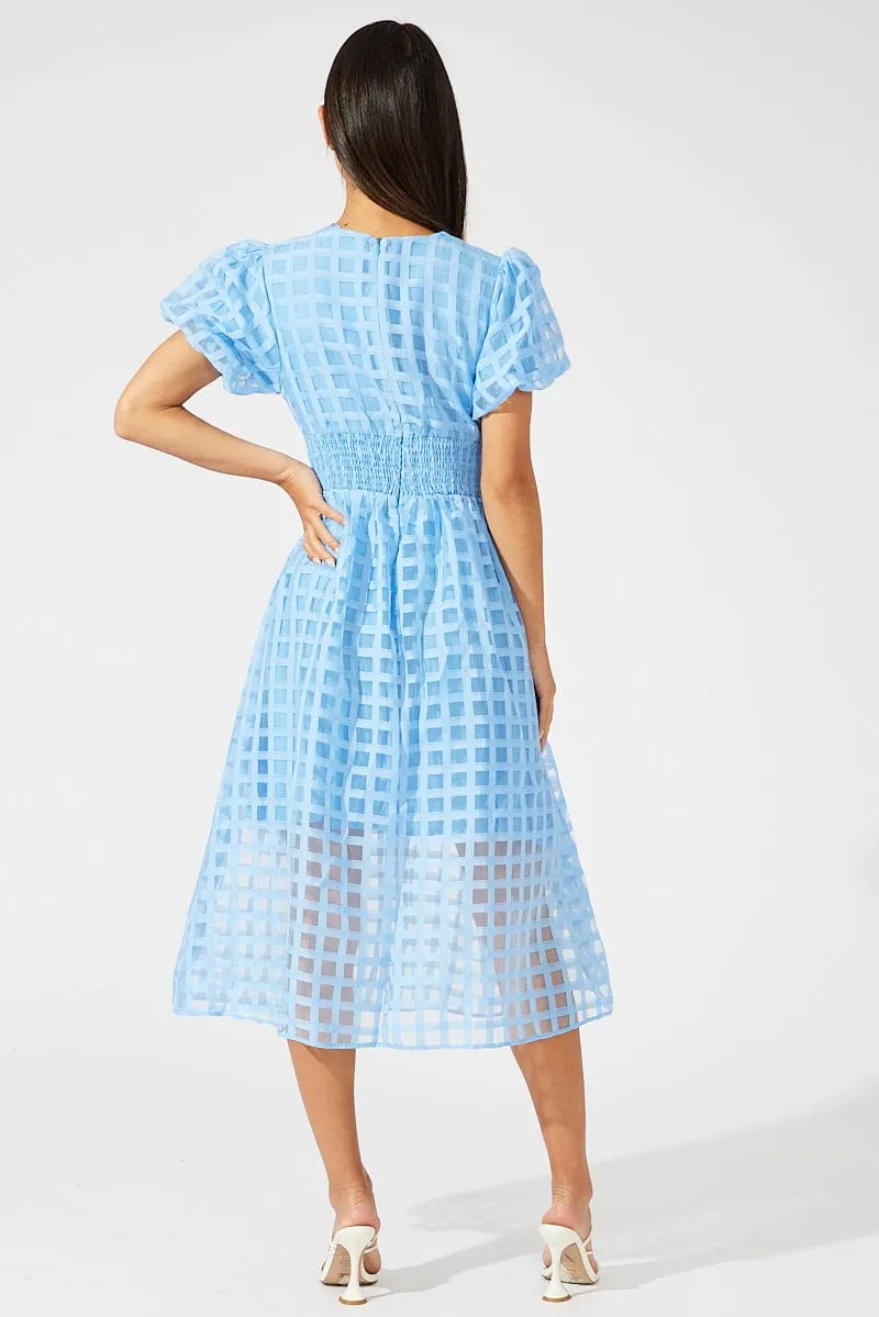 Blue Midi Dress Puff Sleeve V-Neck Low Maintenance