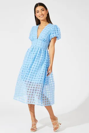 Style Versatile Blue Midi Dress Puff Sleeve V-Neck