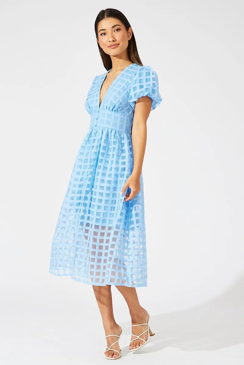 Blue Midi Dress Puff Sleeve V-Neck Trail Walk Contemporary Look