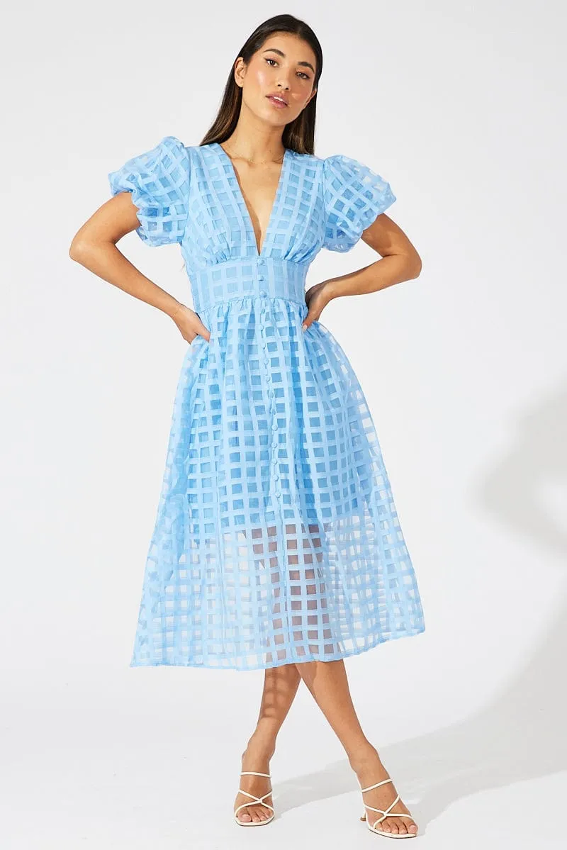 Blue Midi Dress Puff Sleeve V-Neck Olive Grove Bold pattern mid-calf dress