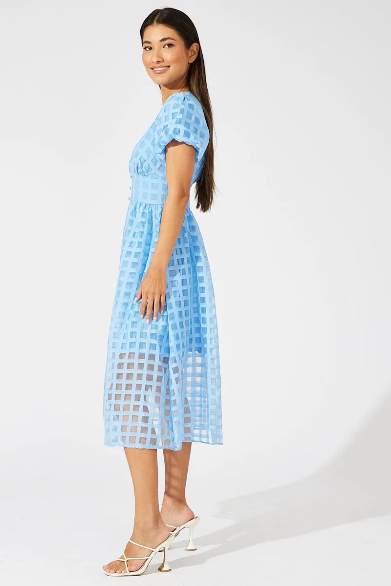 Blue Midi Dress Puff Sleeve V-Neck Soft Ray