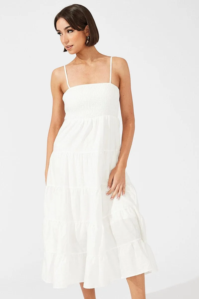 White Midi Dress Sleeveless Tiered Busy Mom