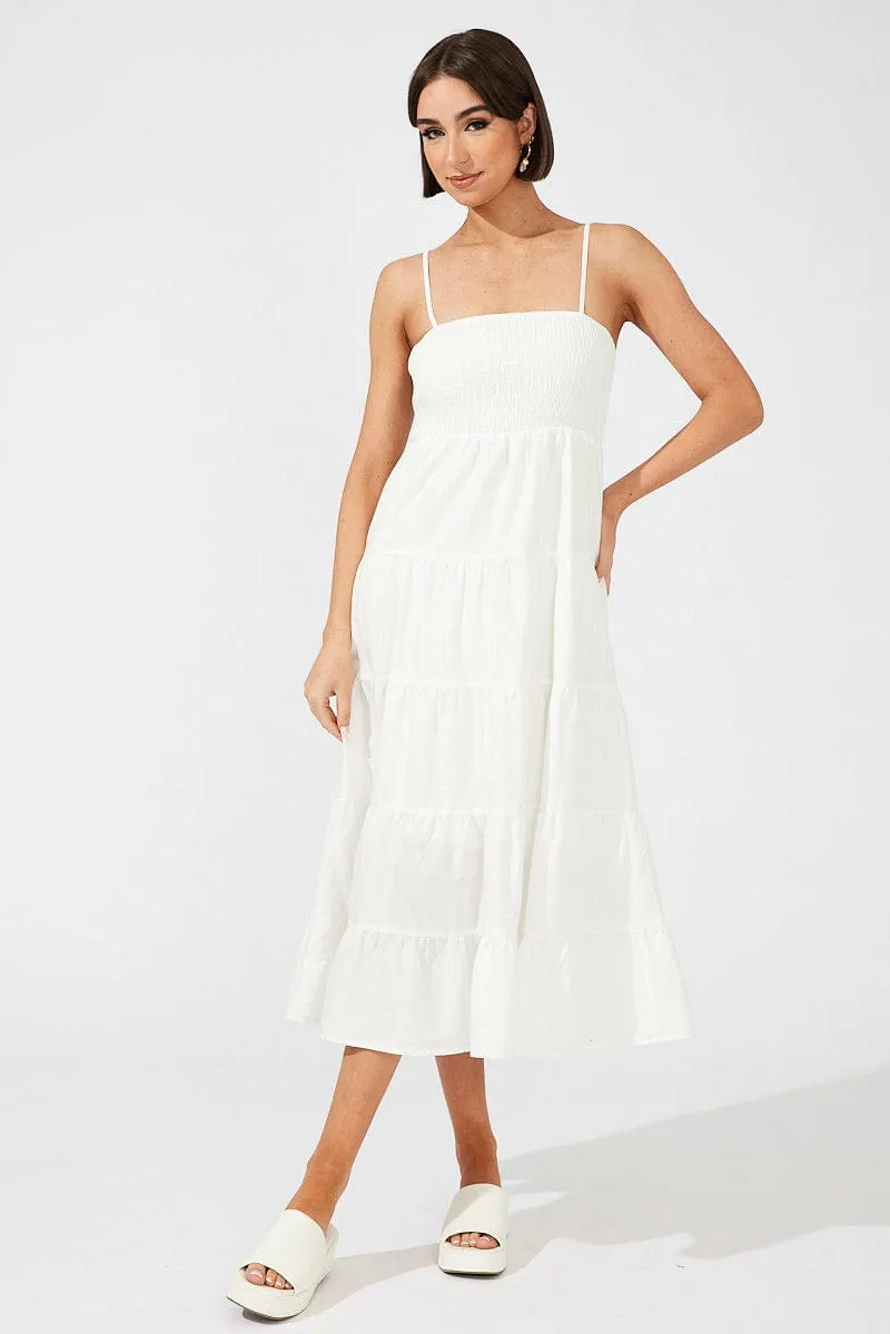 White Midi Dress Sleeveless Tiered European Charm Rose Garden