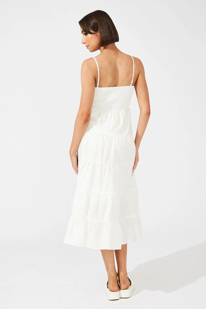 Classic Charm White Midi Dress Sleeveless Tiered