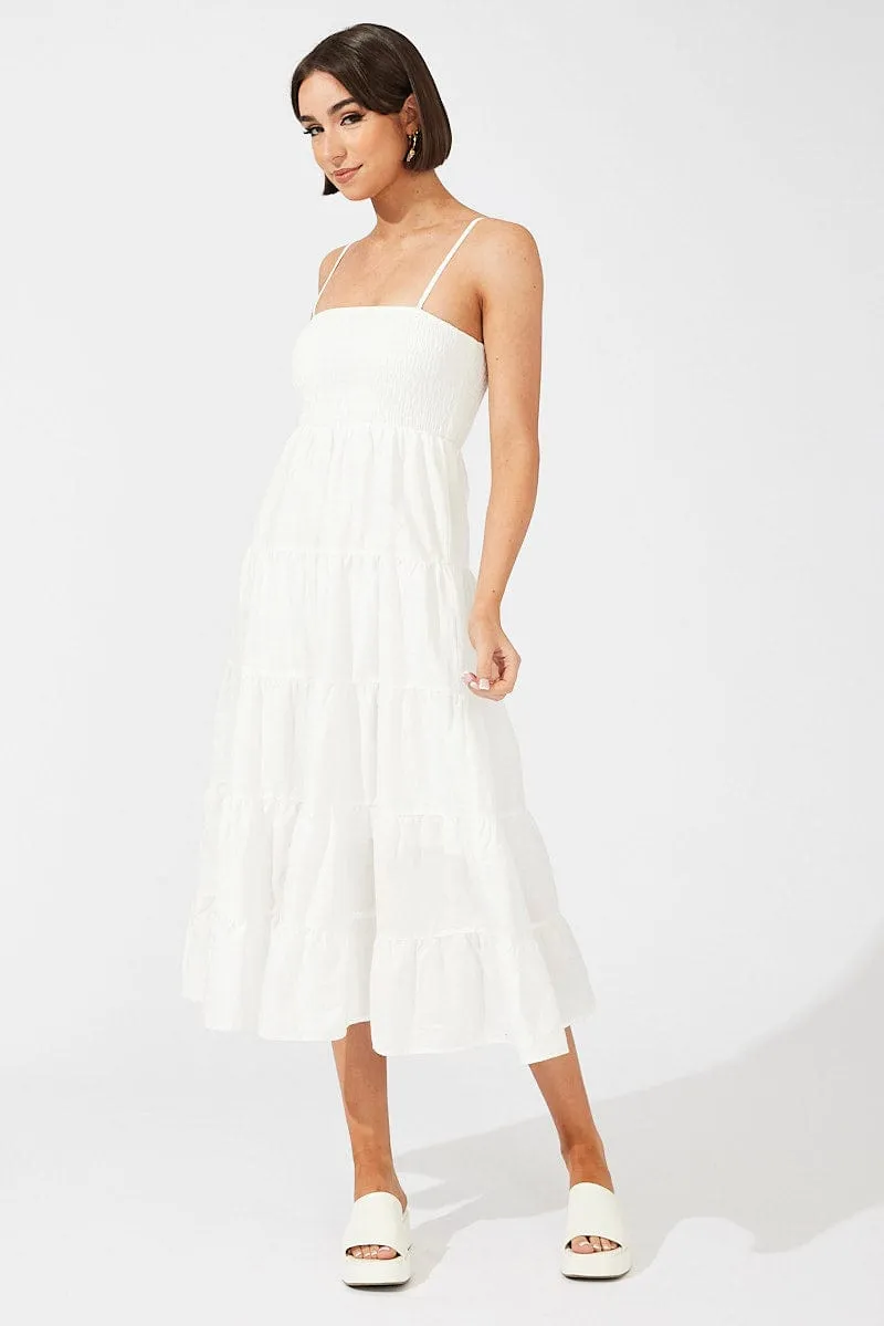 White Midi Dress Sleeveless Tiered Copper Glow