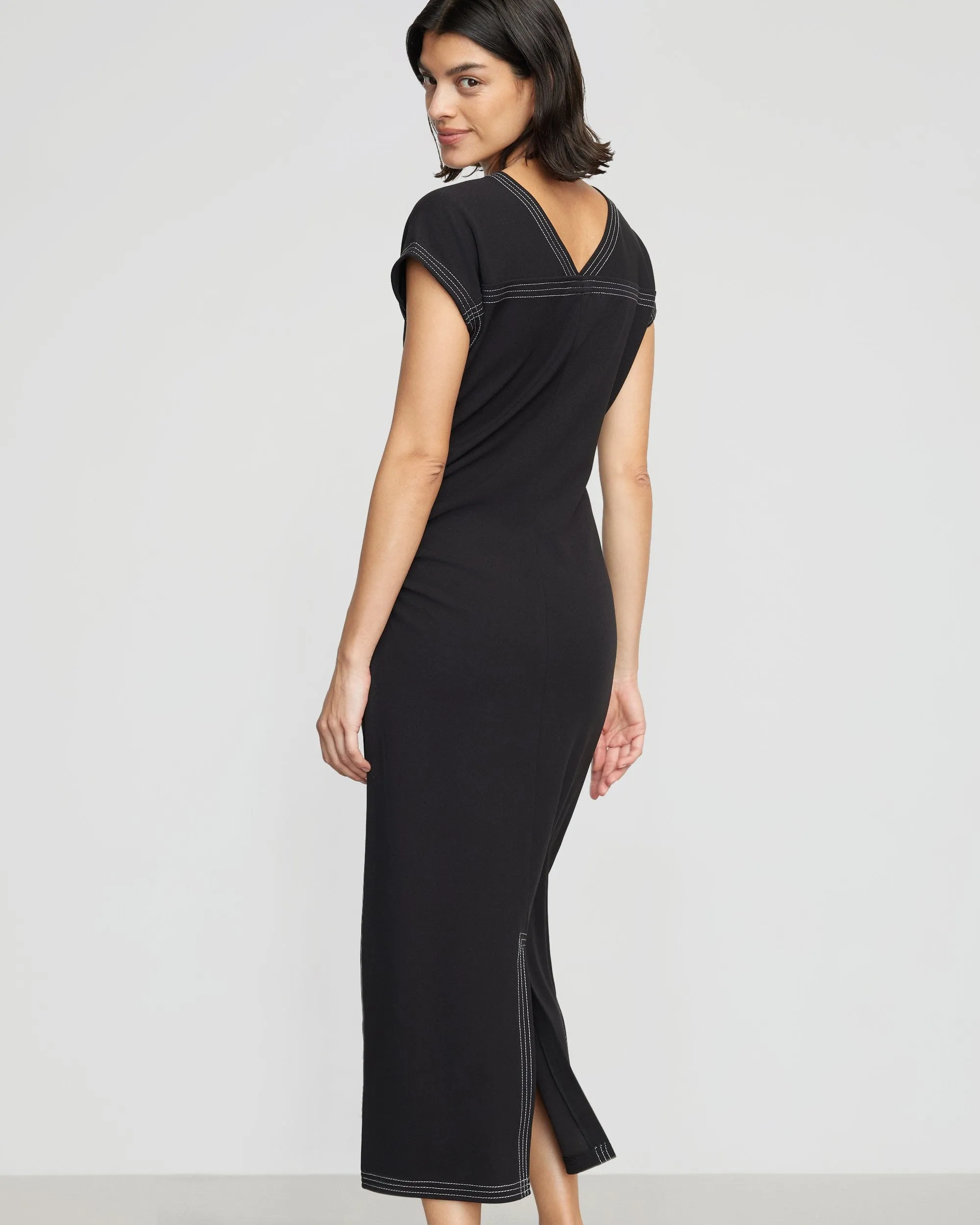 Relaxed Look Vela Contrast-Stitch Ruched-Waist Dress (Petite)