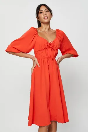 Red Midi Dress Short Sleeve Sweetheart Neckline Classy Look On The Go