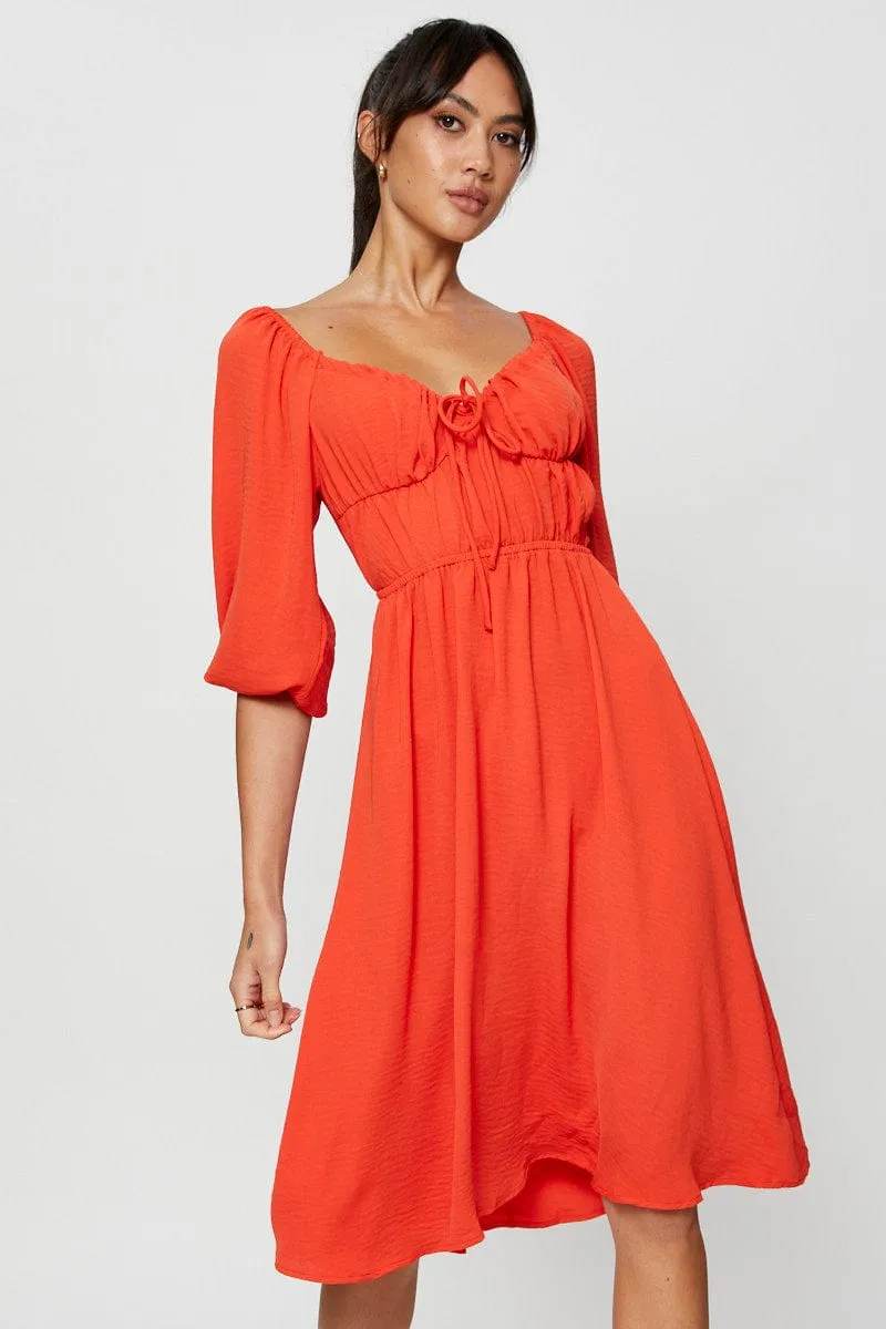 Red Midi Dress Short Sleeve Sweetheart Neckline Casual chic midi
