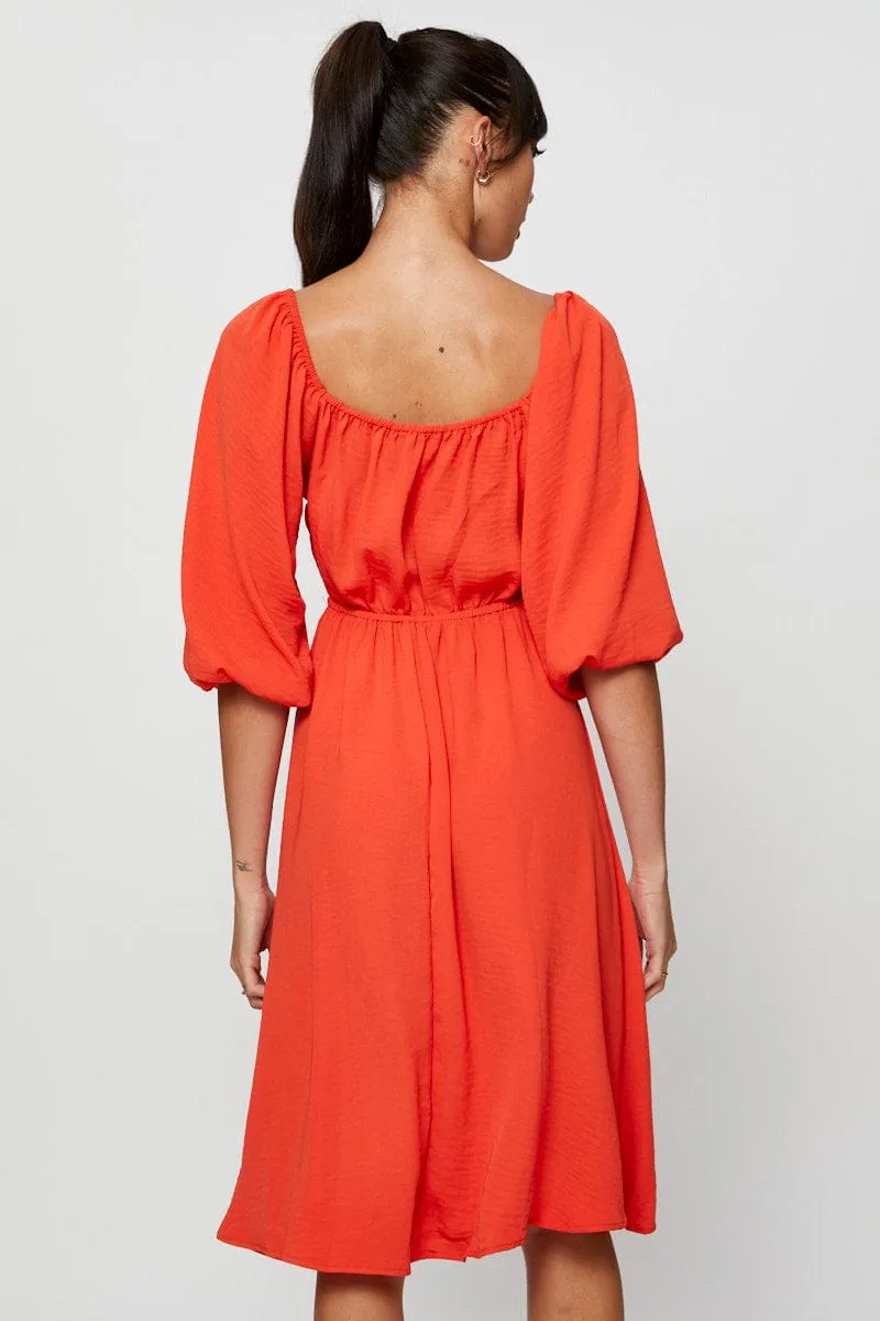 Red Midi Dress Short Sleeve Sweetheart Neckline Layer Light Jade Glow