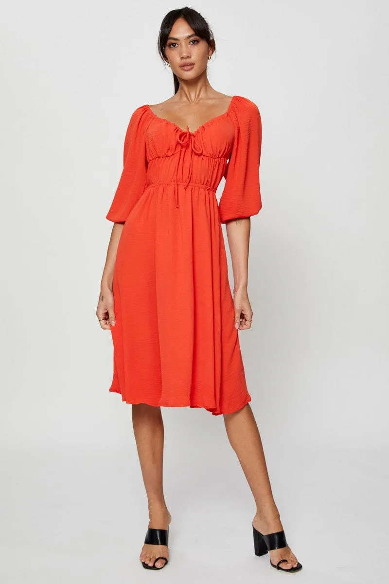 Work Wear Velvet Smooth Red Midi Dress Short Sleeve Sweetheart Neckline