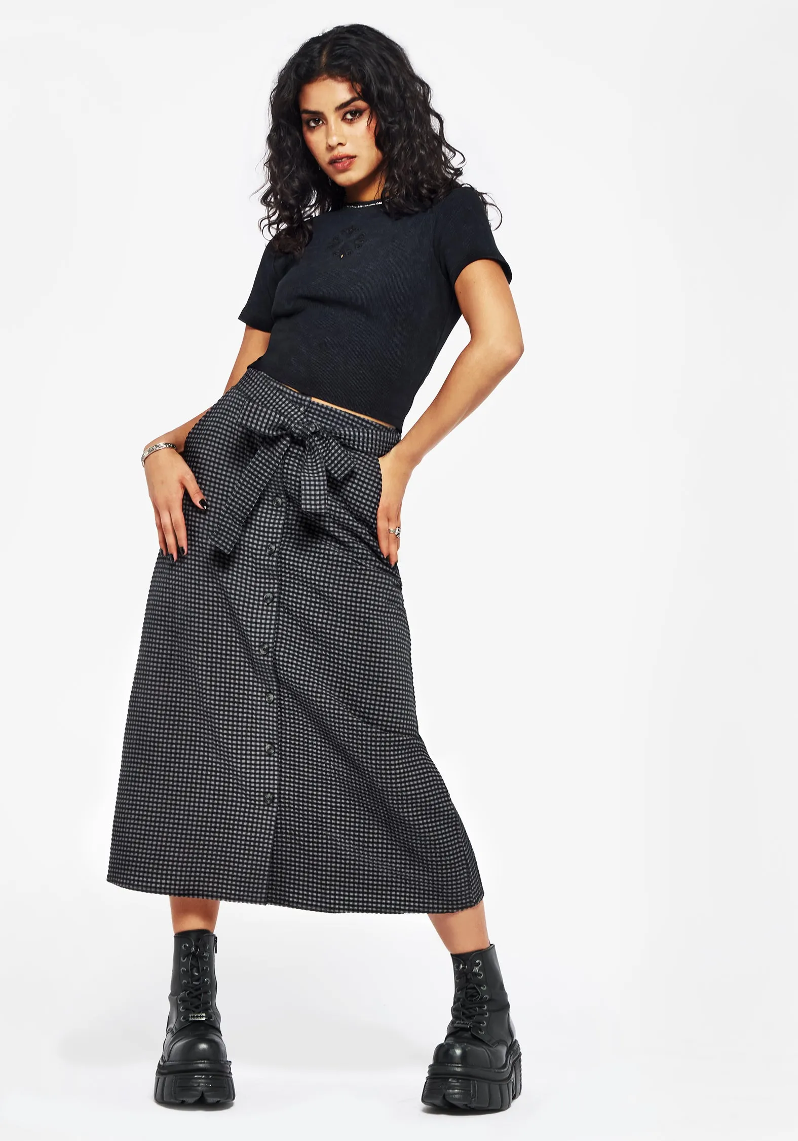 Faythe Cotton Check Button Up Midi Skirt Jewel Tones Contrast Stitching
