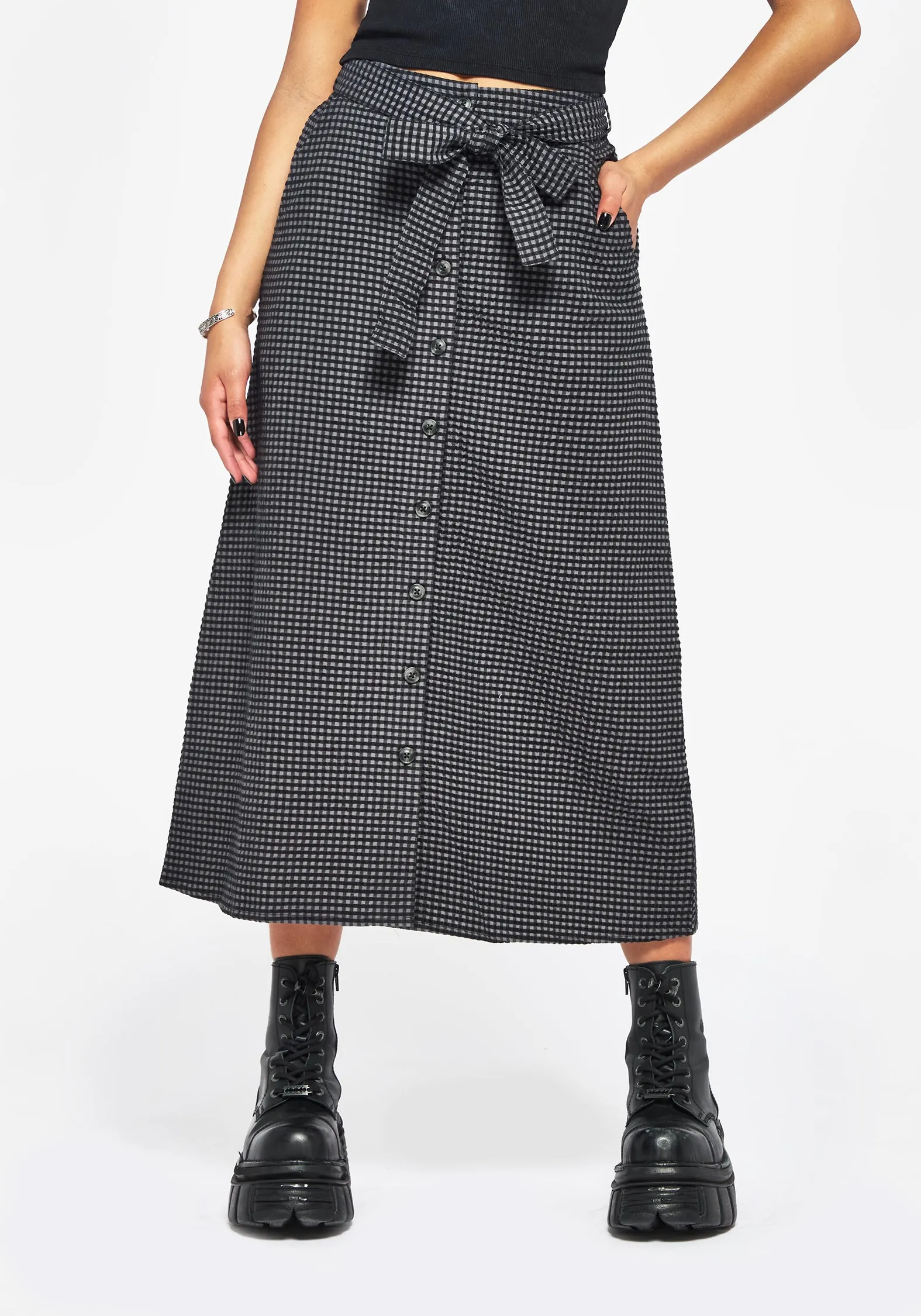 Adjustable Waistband Modern Look Faythe Cotton Check Button Up Midi Skirt