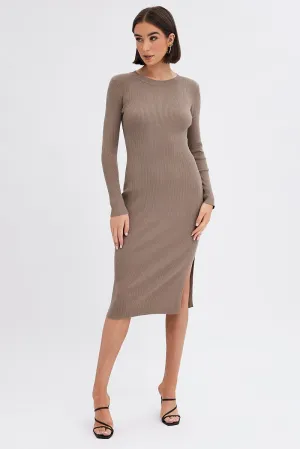 Bamboo Path Polished Fashion Brown Midi Dress Long Sleeve Round Neck Rib Knitted