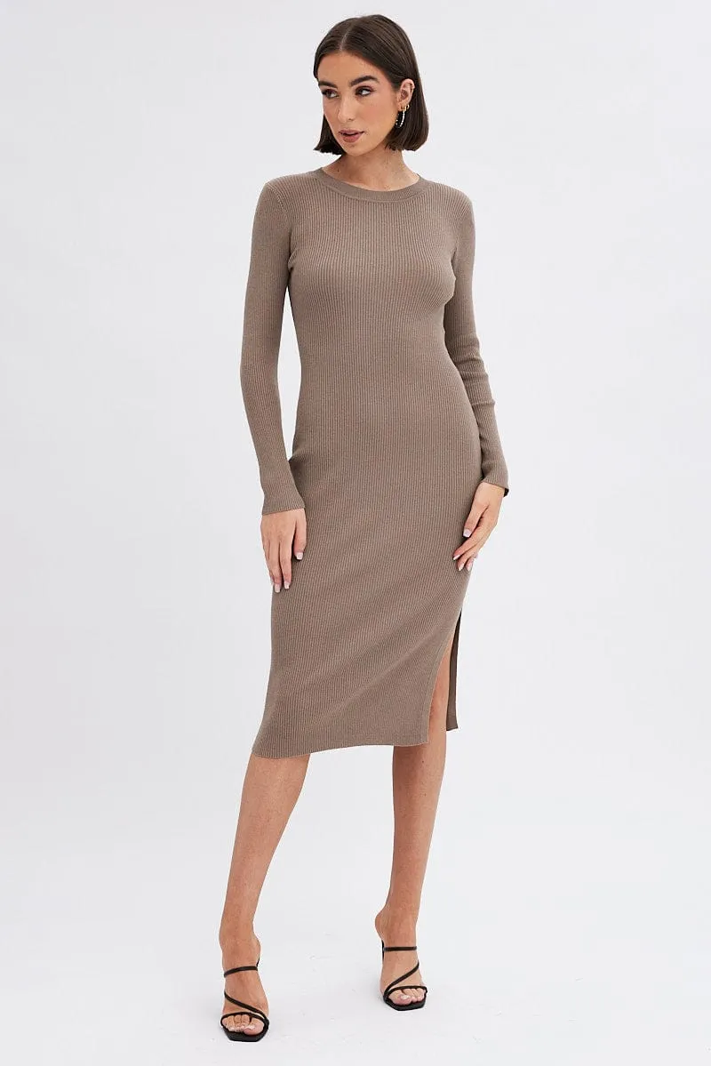 Bamboo Path Polished Fashion Brown Midi Dress Long Sleeve Round Neck Rib Knitted