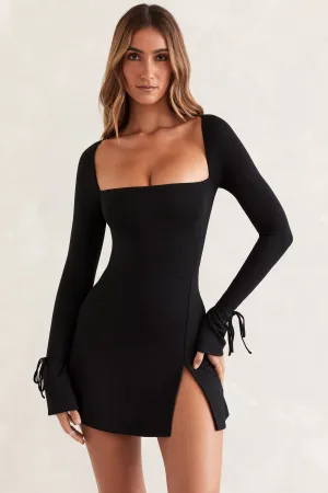 Non Irritating Seams Bright Pop Square Neck Long Sleeve Mini Dress in Black