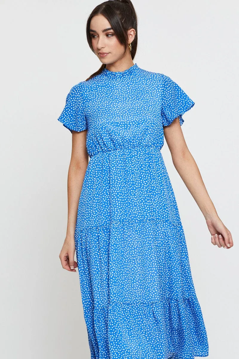 Autumn Leaf Street Chic Geo Print Midi Dress Short Sleeve