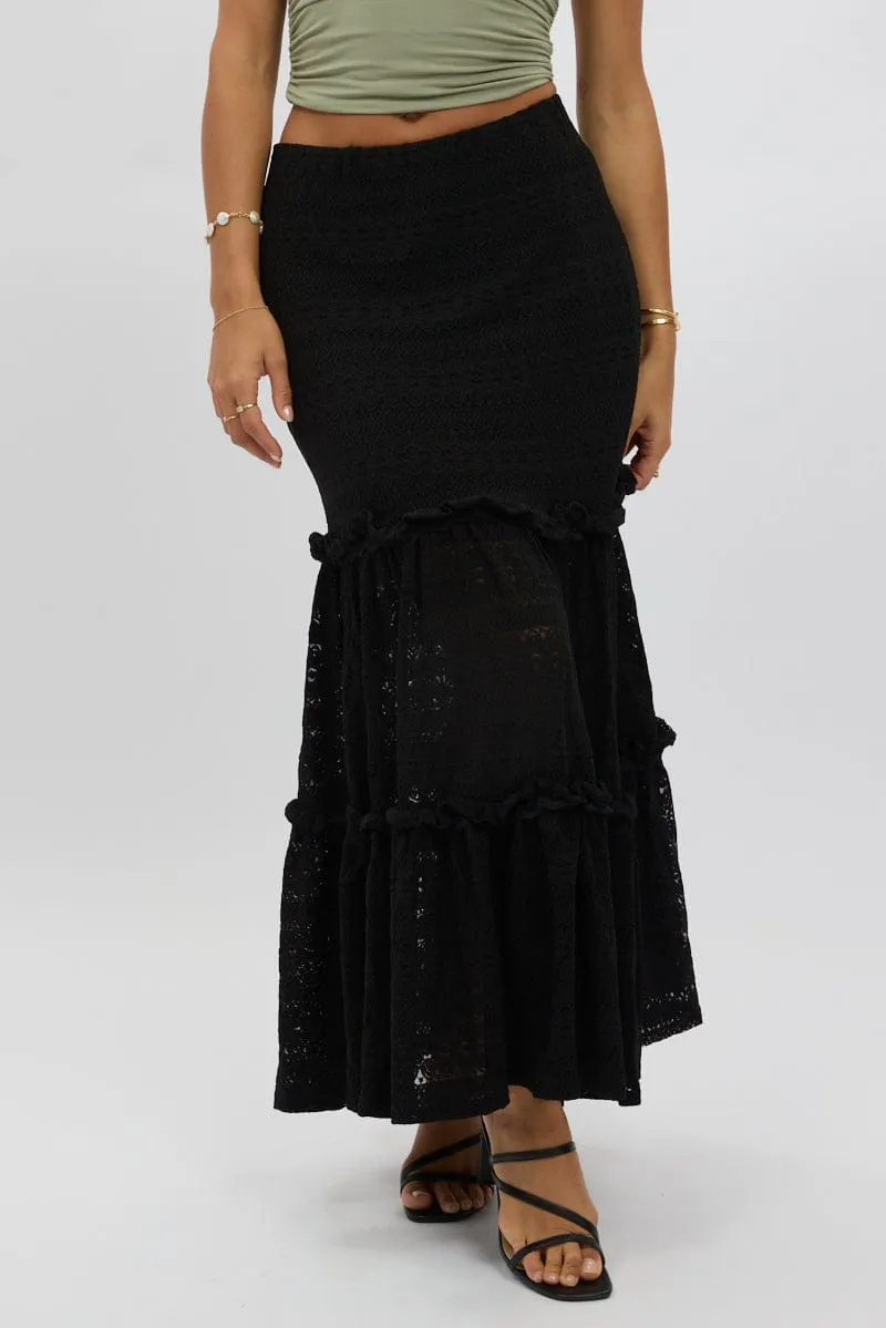 Black Lace Maxi Skirt Elastic Waist Tiered Lined Chic casual