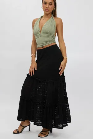 Tonal Layering Vibrant Touch Black Lace Maxi Skirt Elastic Waist Tiered Lined