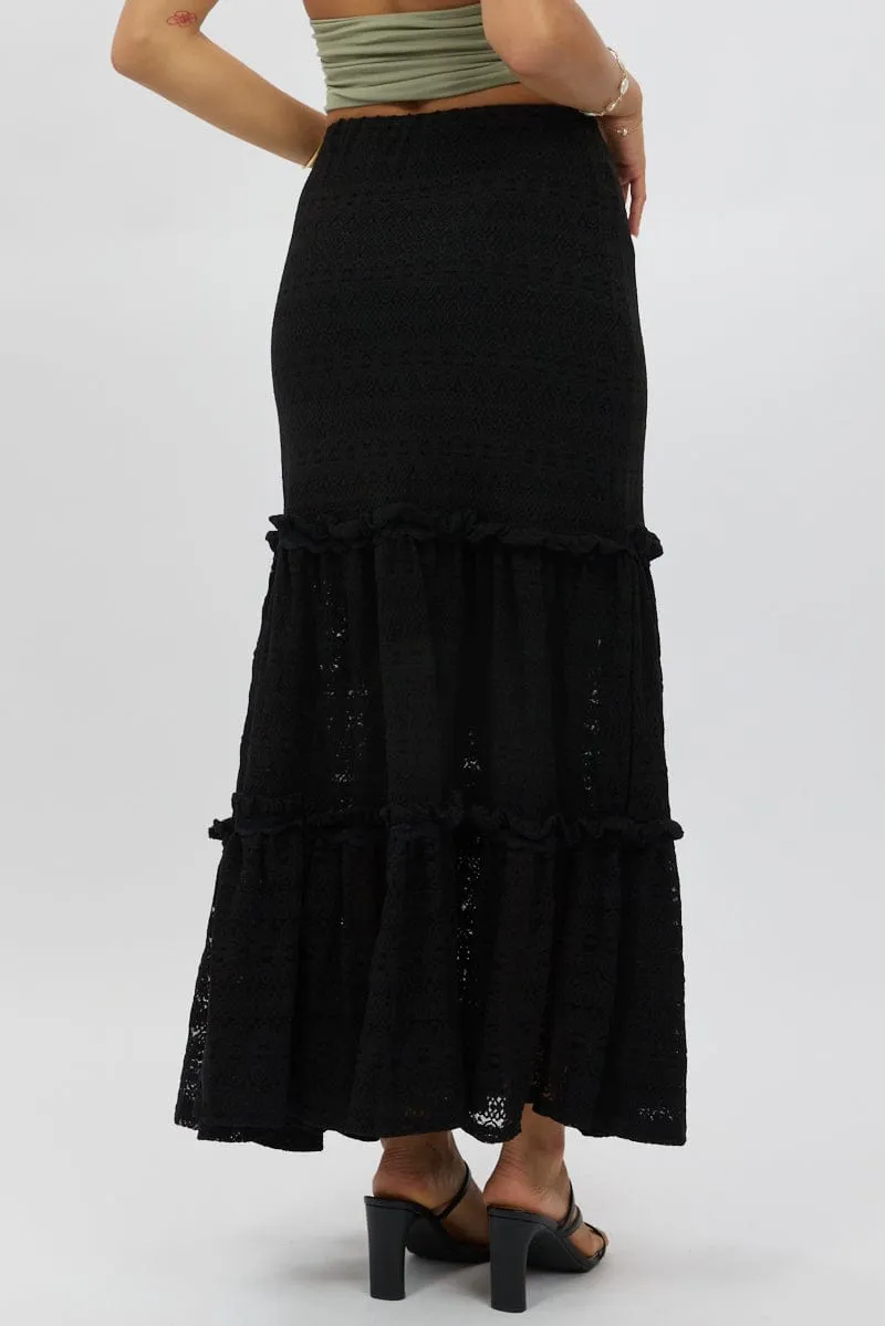 Black Lace Maxi Skirt Elastic Waist Tiered Lined Refined Mood