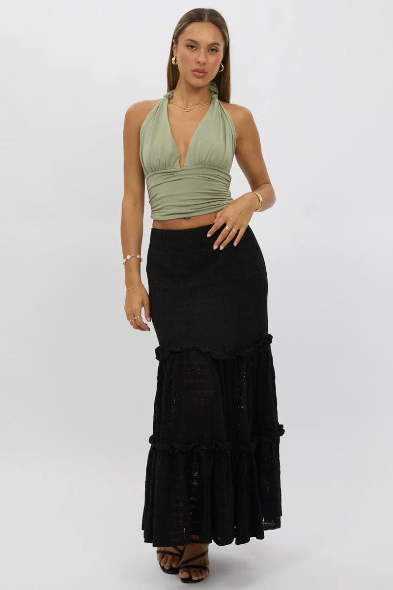 Black Lace Maxi Skirt Elastic Waist Tiered Lined High Street Chic Road Trip