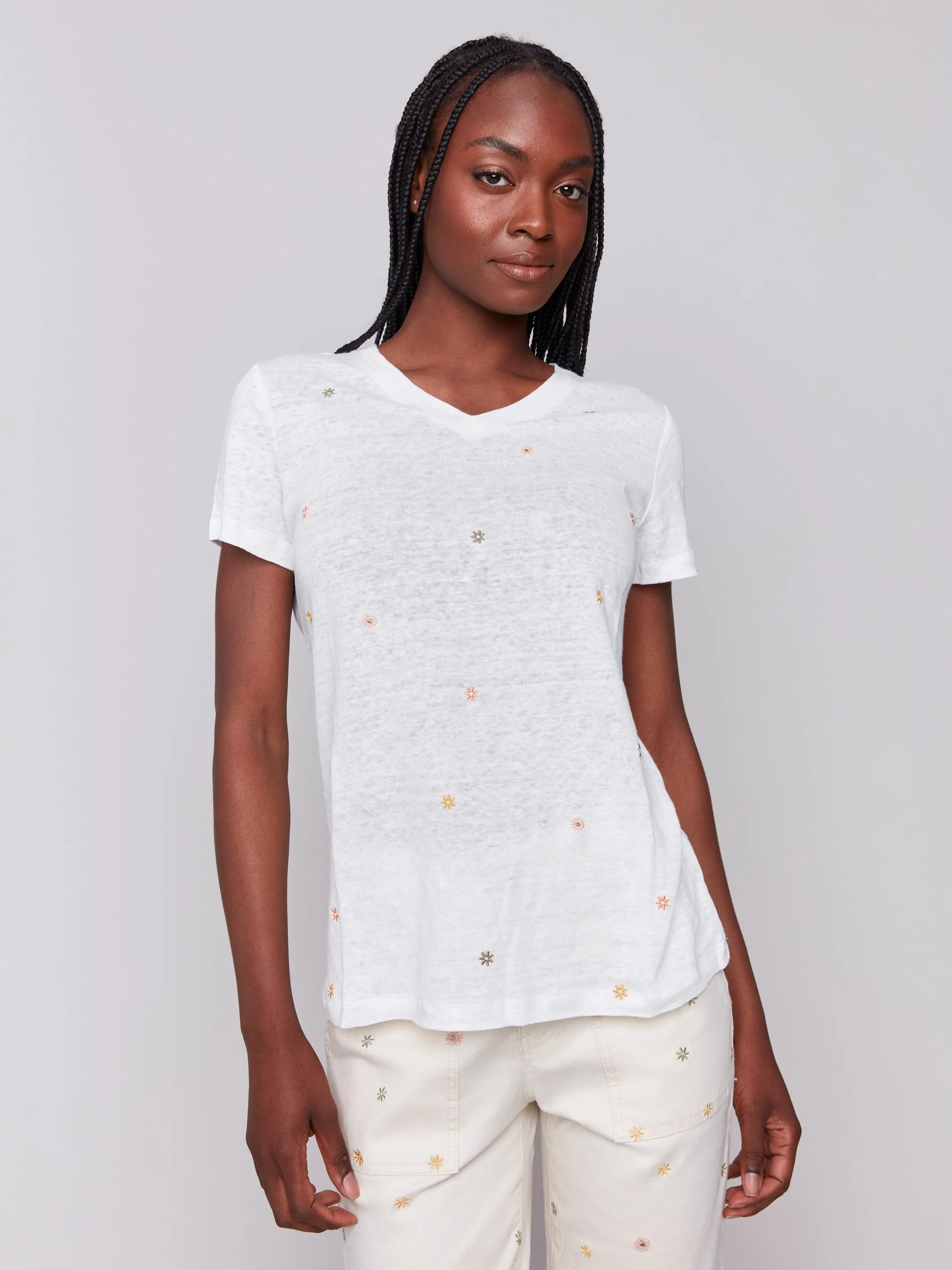 Embroidered Cotton V-Neck T-Shirt - Floral Urban Style Trend