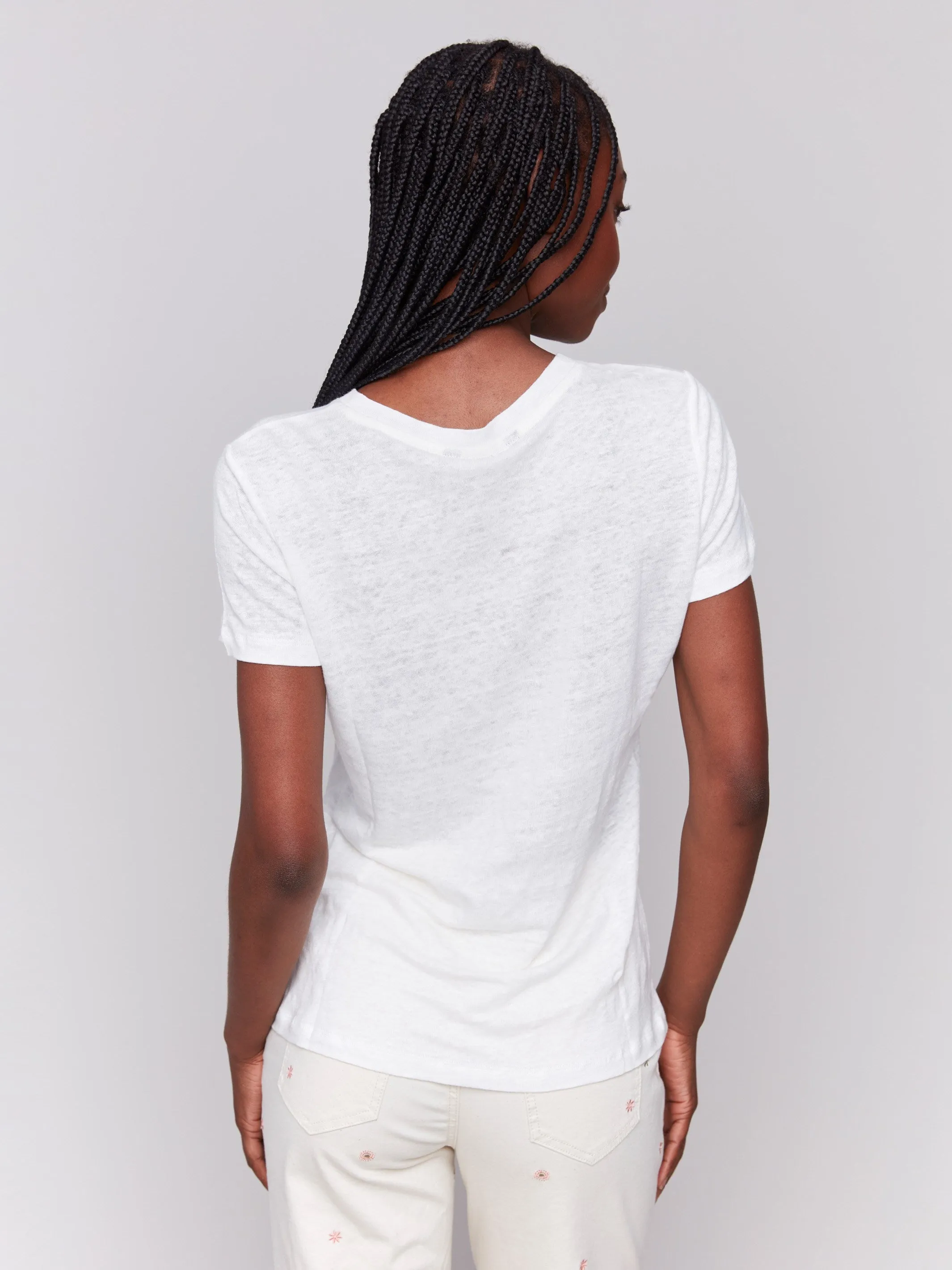 Reinforced Neckline Casual Layering Embroidered Cotton V-Neck T-Shirt - Floral