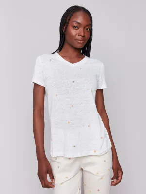 Embroidered Cotton V-Neck T-Shirt - Floral Urban Style Trend