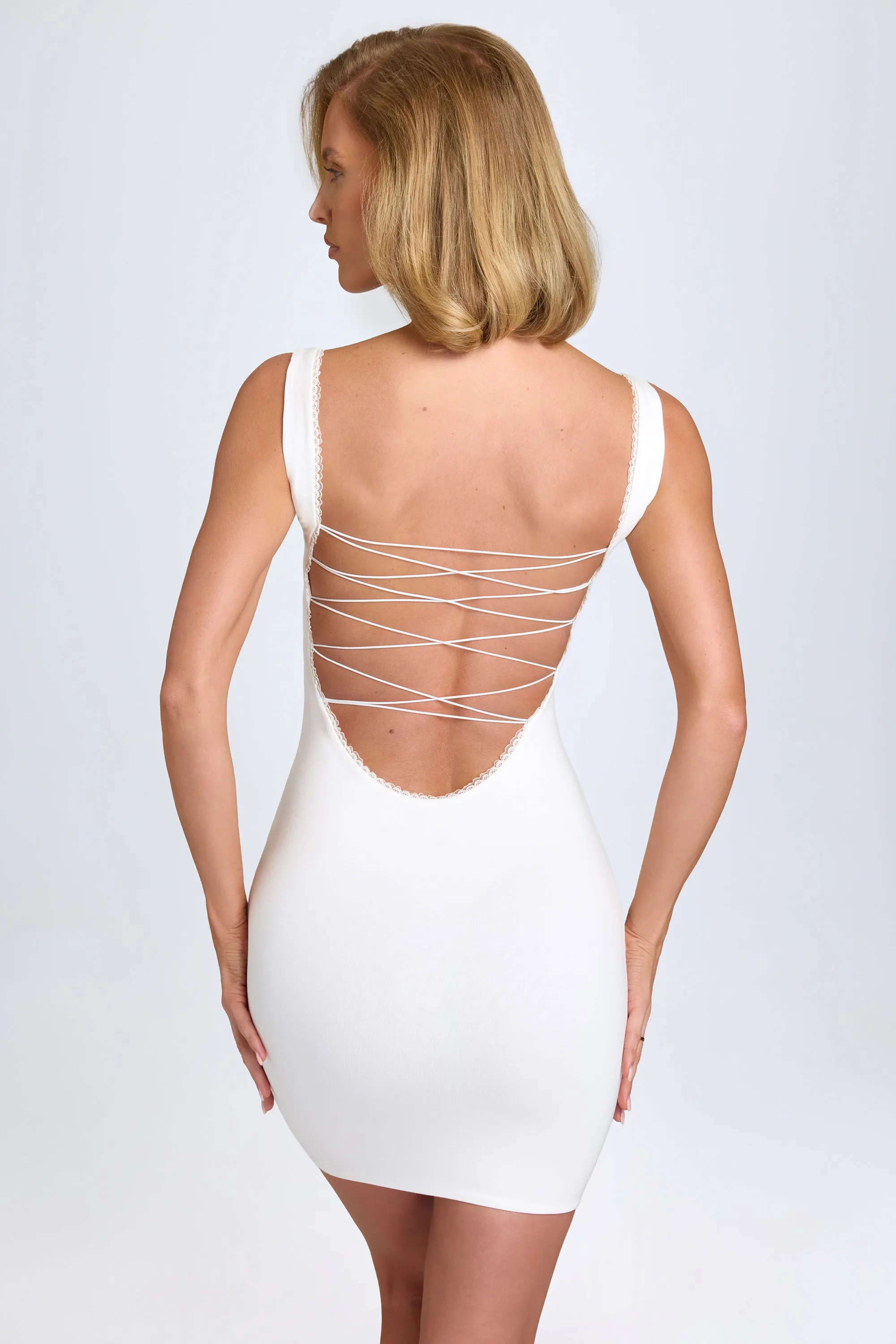 Modal Lace-Trim Bodycon Mini Dress in White Casual stylish short dress Unlined Versions
