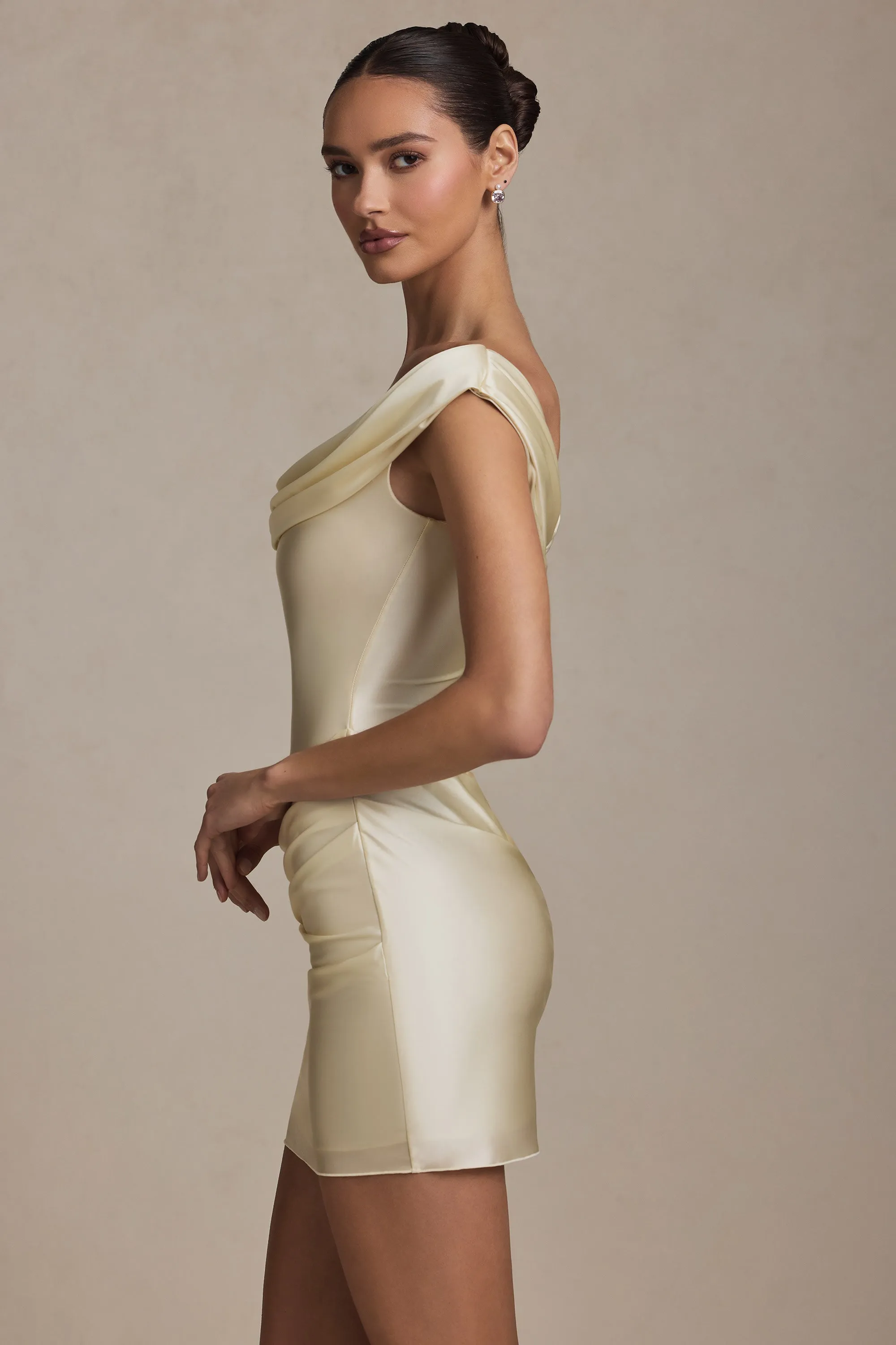 Off-Shoulder Draped Mini Dress in Ivory Shake Ready