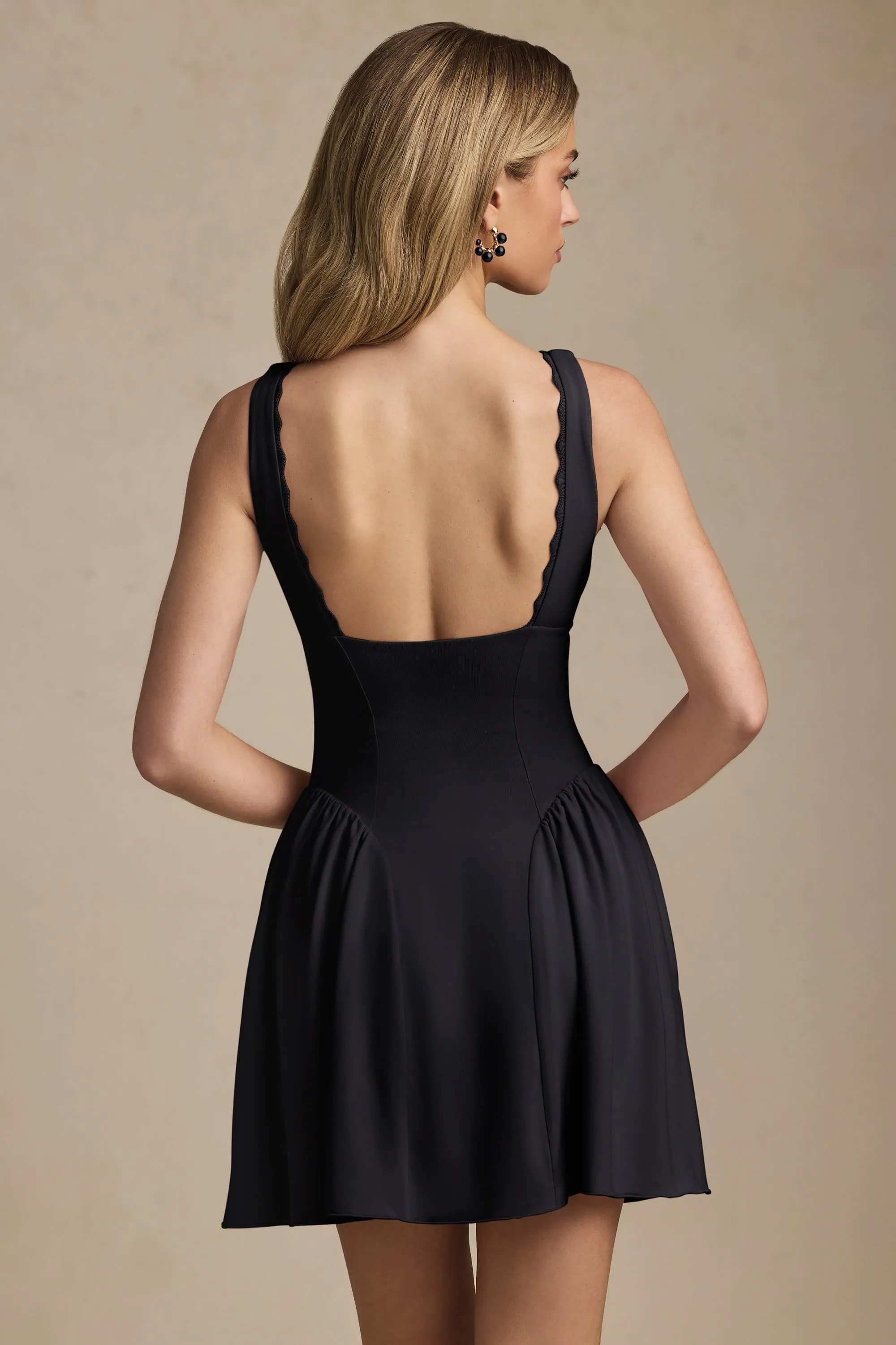 Scallop-Trim A-Line Mini Dress in Black Vibrant Fashion Look