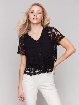 Short Sleeve Crochet Bolero Cardigan - Black Relaxed Wear