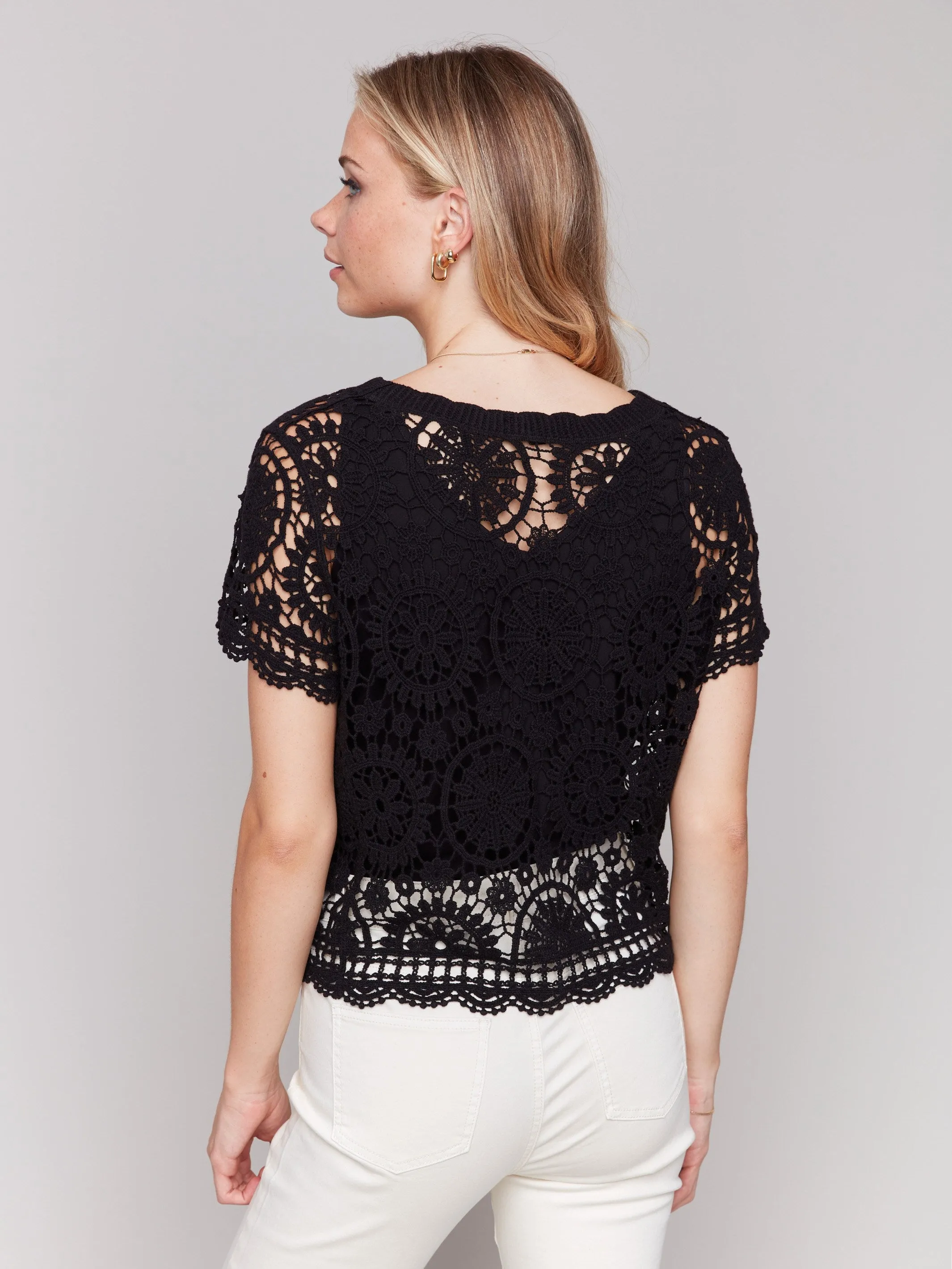 Short Sleeve Crochet Bolero Cardigan - Black Snuggly Pieces Timeless Appeal